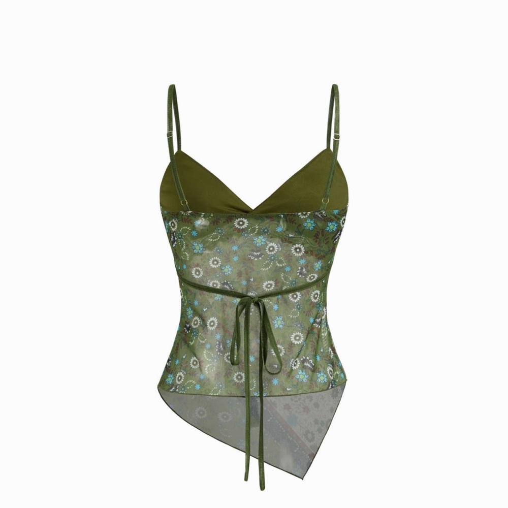 Cider Olive Green Asymmetrical Sheer Mesh Tie-Back Top Large - Picture 3 of 4